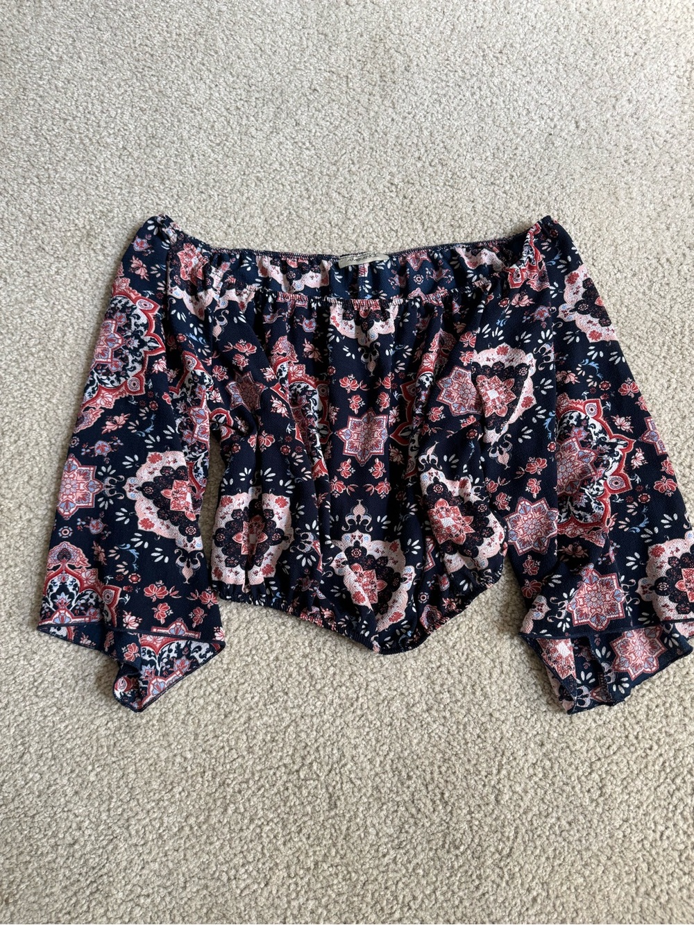 Ambiance Navy Off-Shoulder Floral Crop Top